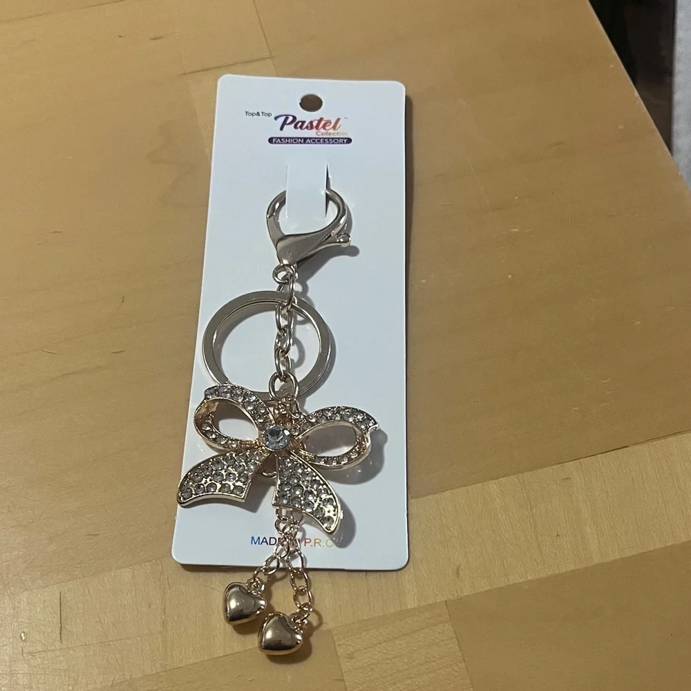 Gold Bow Keychain with Heart Charms
